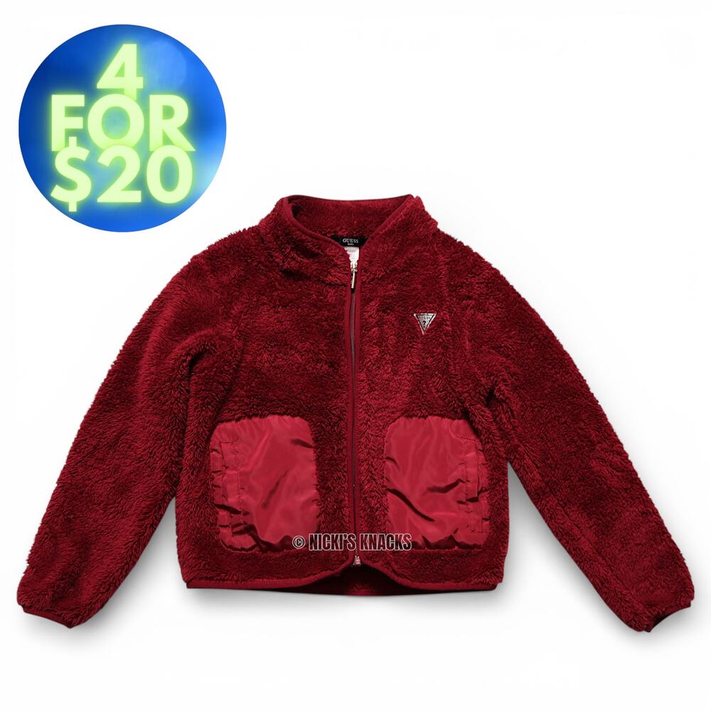 Guess Girls Burgundy Red Faux Fur Fluffy Warm Full Zip Sweatshirt Size S 7/8
